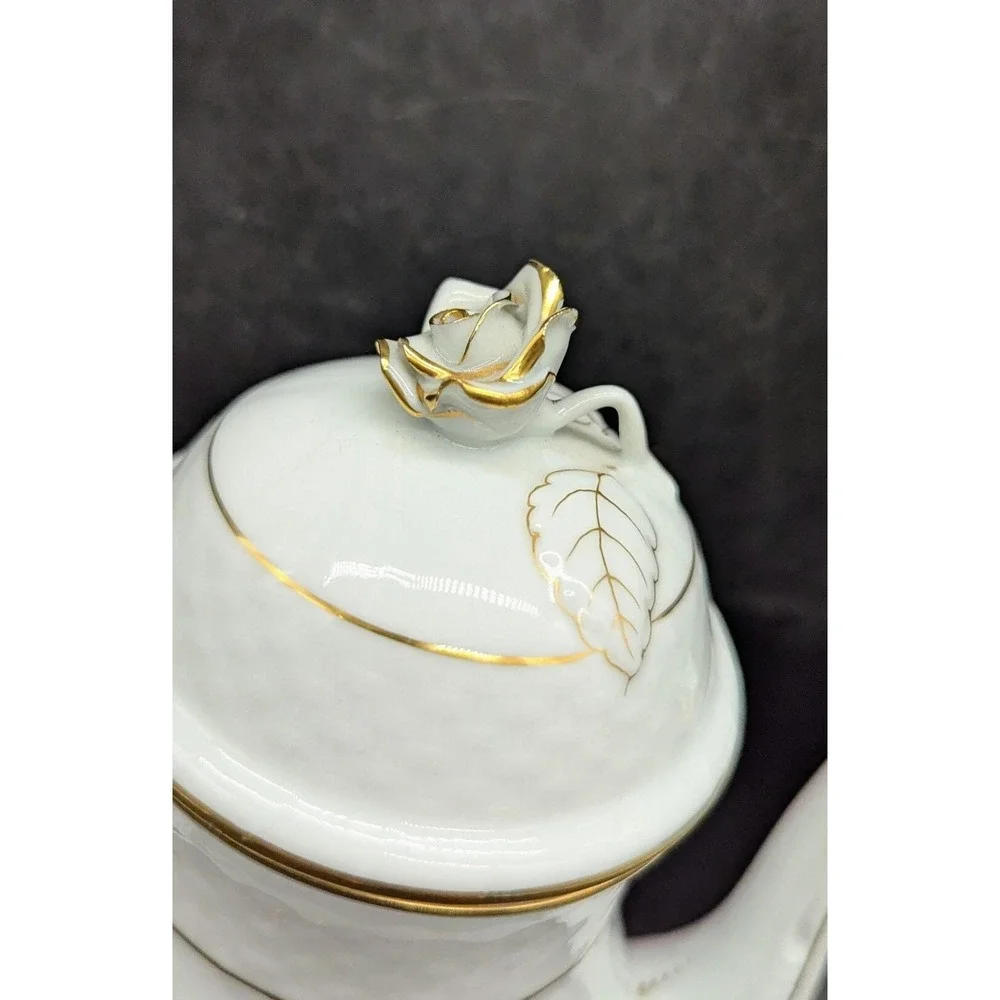 Vintage Herend Porcelain Golden Edge Coffee Tea Pot W Lid Rose Hungarian